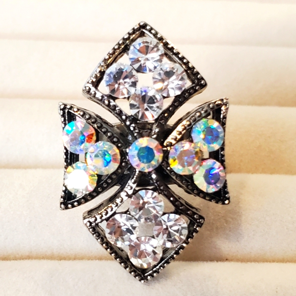 Sparkly Maltese Cross Ring Elongated Rustic Silver w/ Aurora Borealis Stones